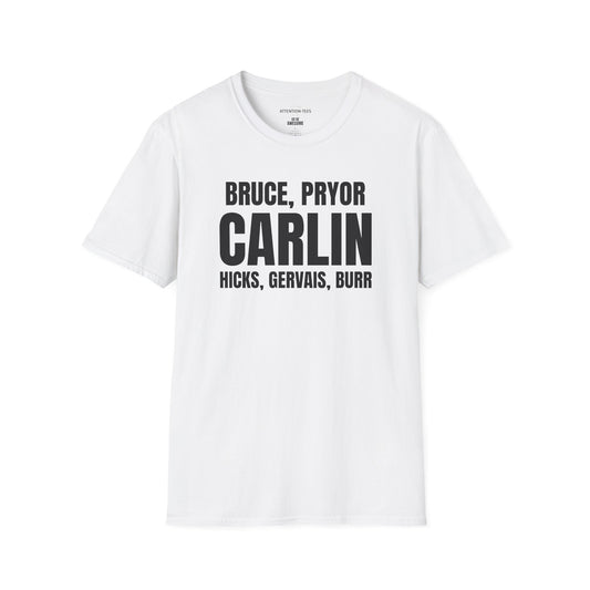 Carlin & Comedy Legends T-Shirt — Bruce, Pryor, Hicks, Gervais, Burr